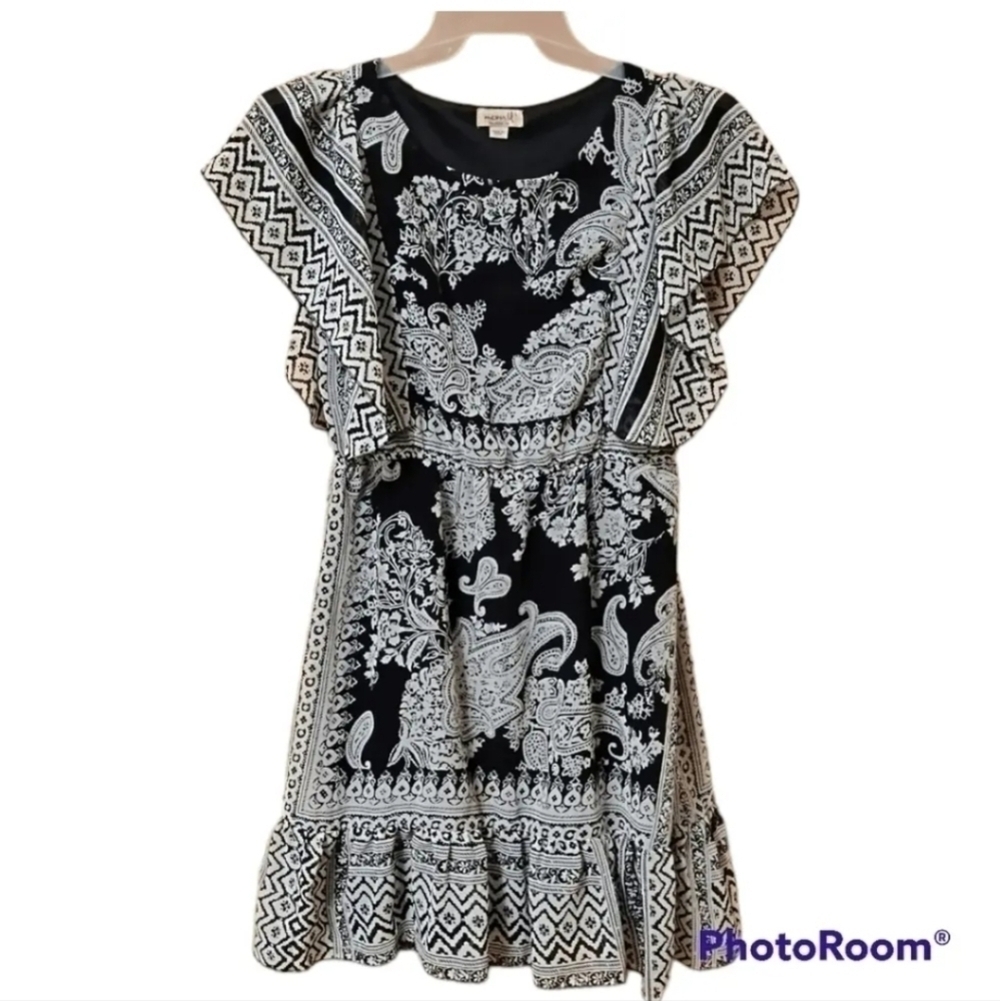 Cato Paisley ruffle black and cream dress